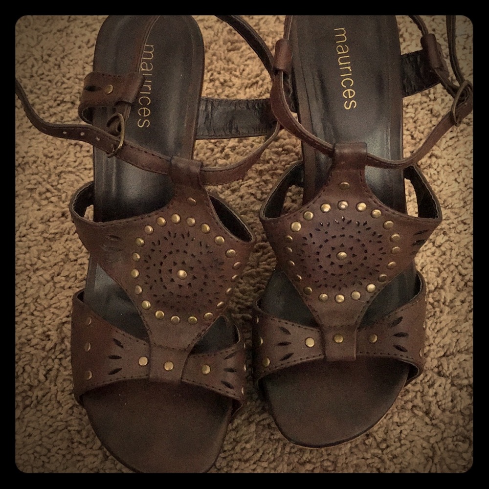 Brown and bronze wedge shoes.